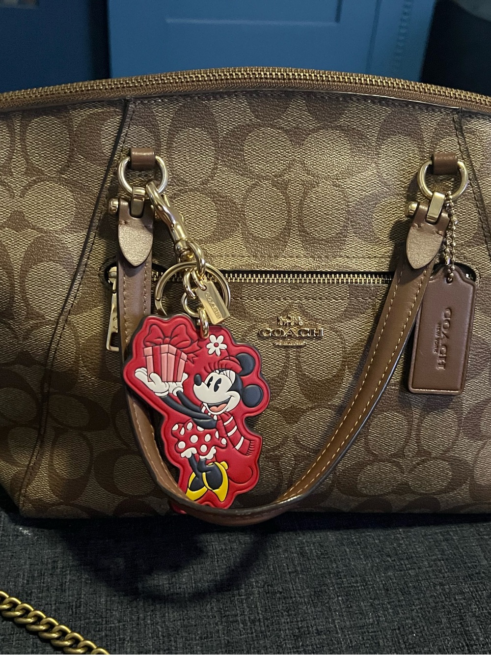 Coach Brown Signature Canvas Satchel with Minnie Charm - Picture 5 of 12